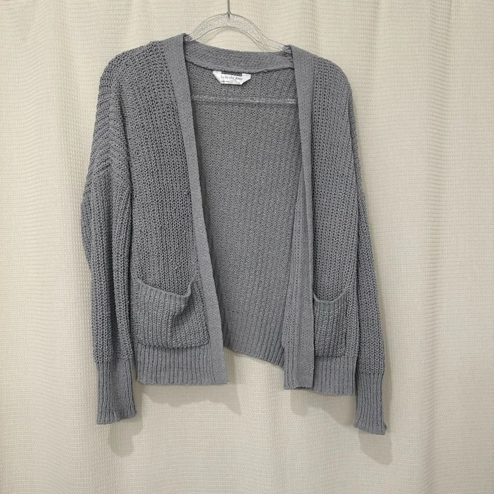 Chunky Knit Light Gray Open Front‎ Cardigan w/ Pockets Cozy Layering Sweater L